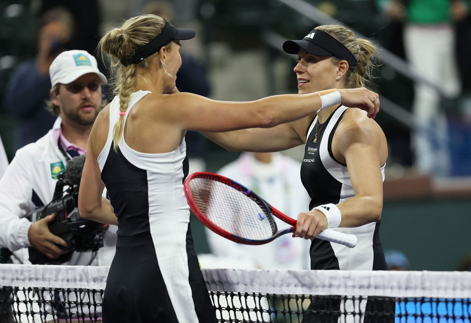 Wozniacki (L) and Kerber pictured at the 2024 BNP Paribas Open