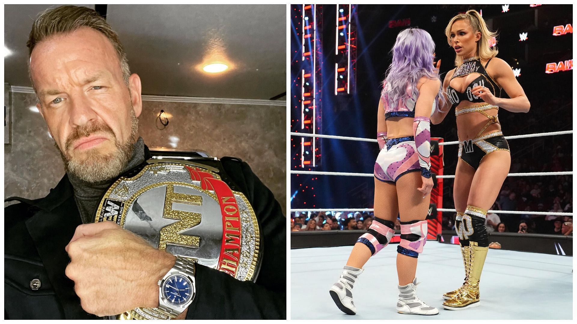 Christian Cage (left) and Candice LeRae &amp; Maxxine Dupri on WWE RAW (right).