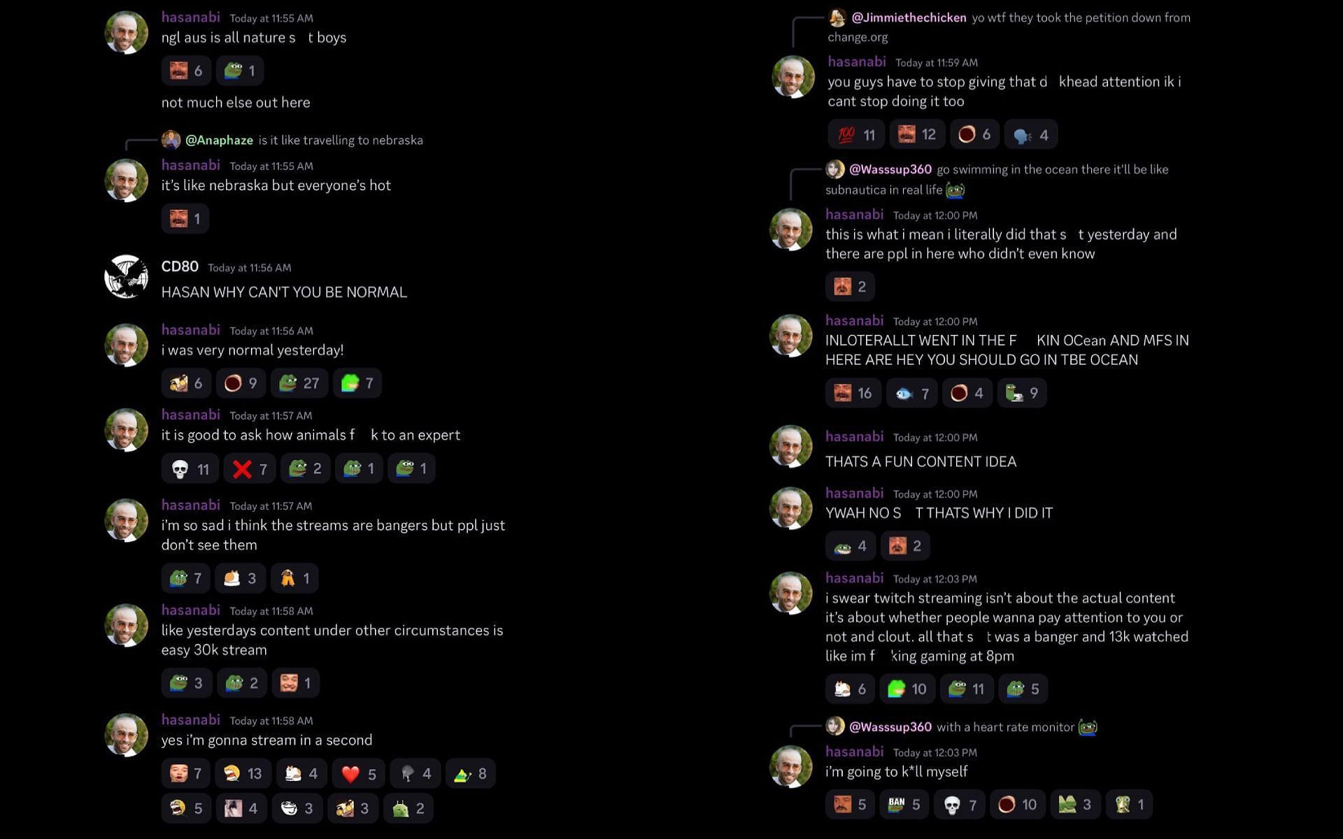 Screenshots of HasanAbi&#039;s messages on his Discord server 1/2 (Image via X)