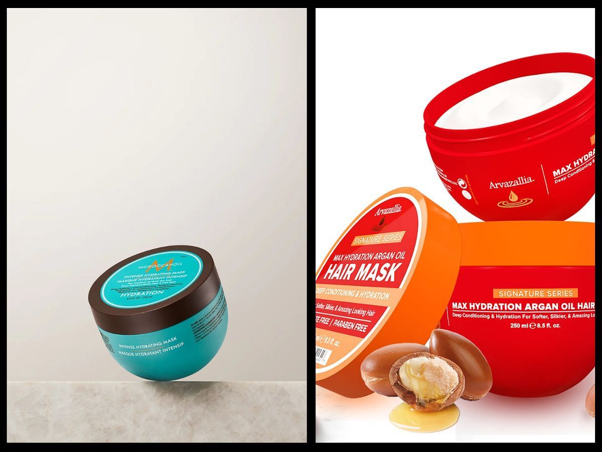 Budget-friendly drugstore hair masks (Image via @arvazallia, @moroccanoil)