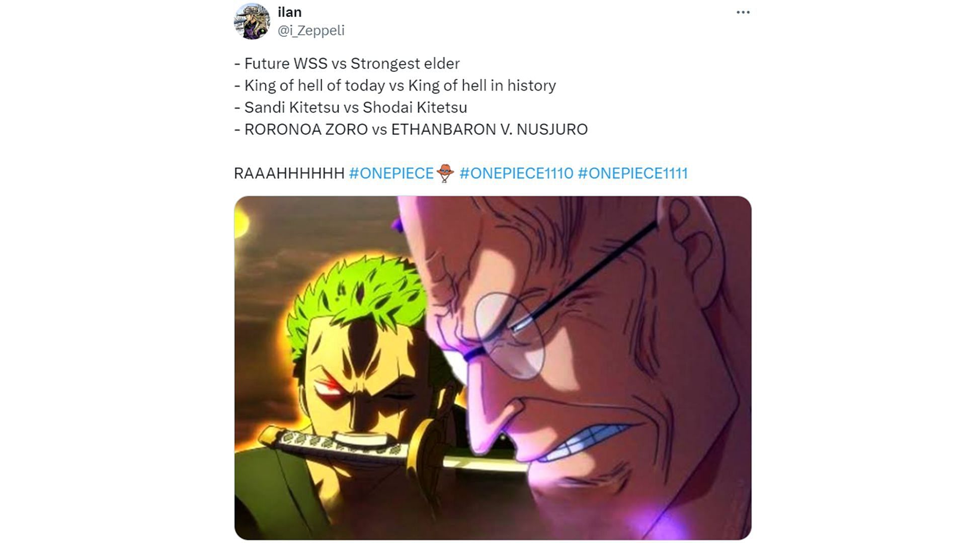 Fans can&#039;t wait to see Zoro vs Nusjuro in One Piece chapter 1111 (Image via ilan/X)