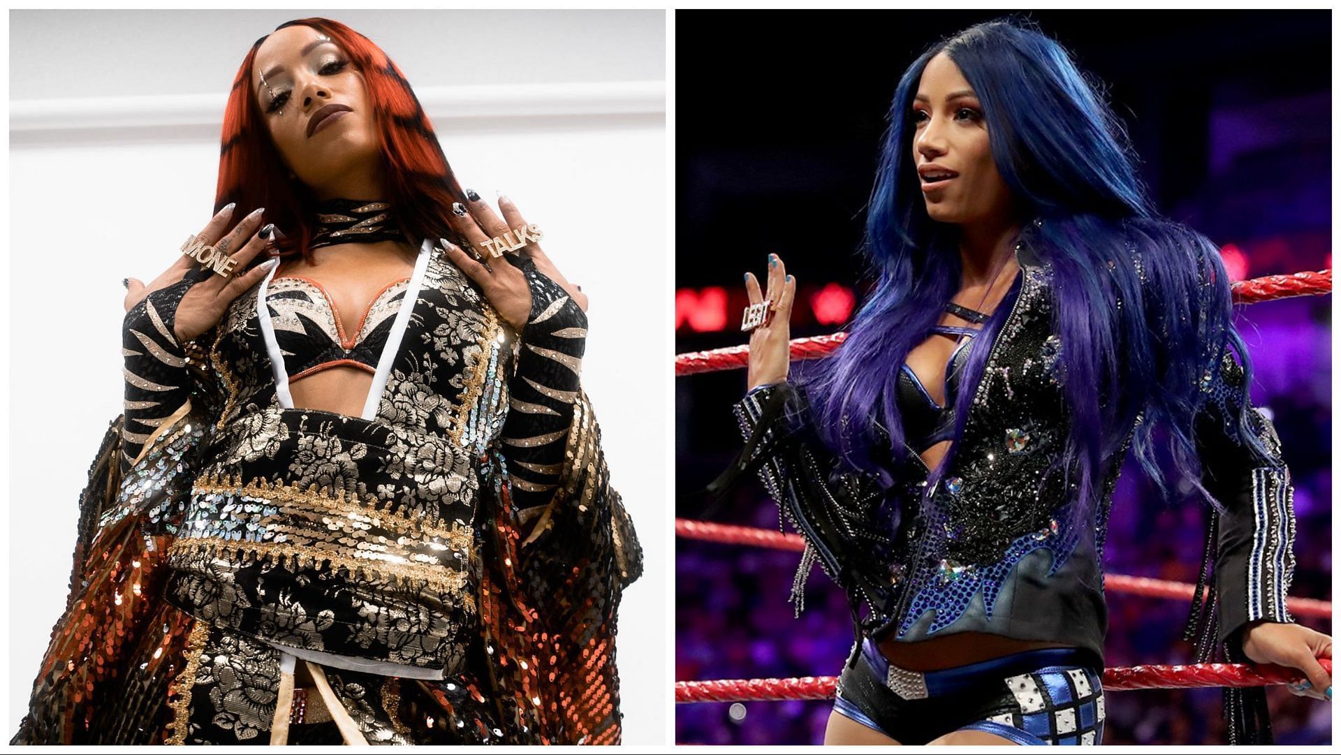 Mercedes Varnado poses backstage at NJPW as Mercedes Mon&eacute; and in the ring on WWE RAW as Sasha Banks