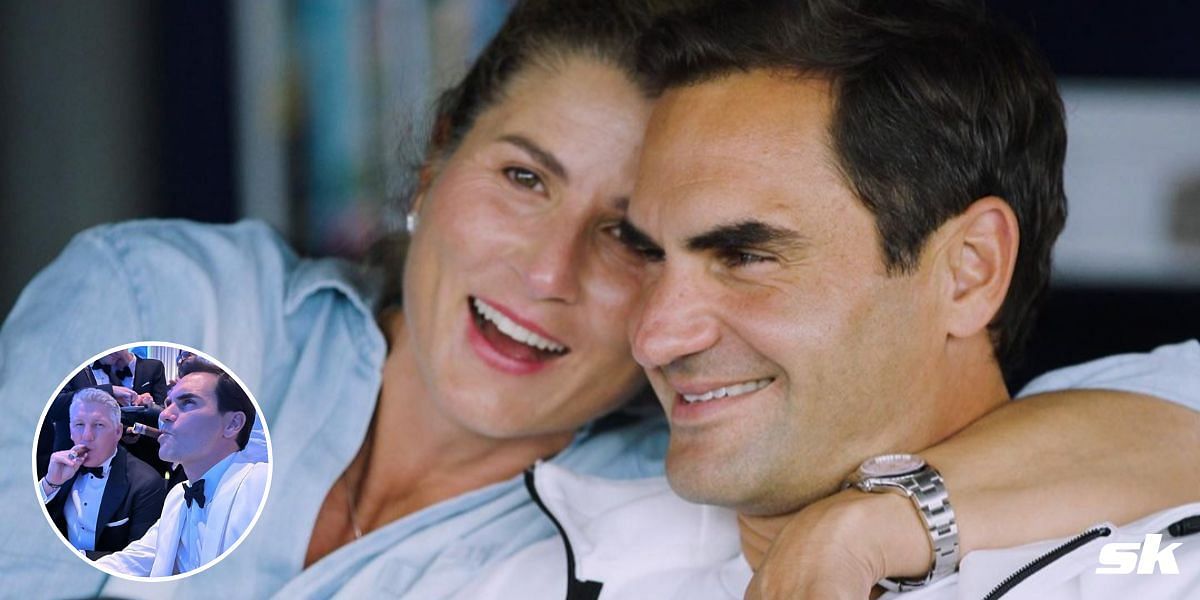 Roger Federer and wife Mirka, (inset) with Bastian Schweinsteiger