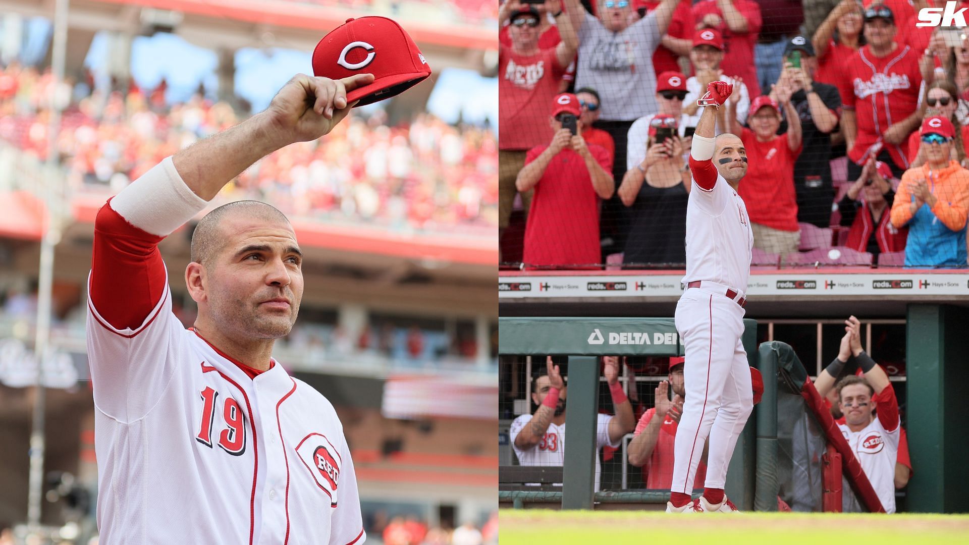 Joey Votto of the Cincinnati Reds acknowledges the crowd after the 4-2 win against the Pittsburgh Pirates at Great American Ball Park