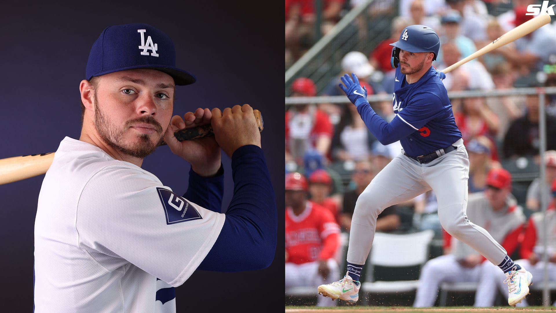 Gavin Lux of the Los Angeles Dodgers at bat against the Los Angeles Angels during a spring training exhibition at the Peoria Sports Complex