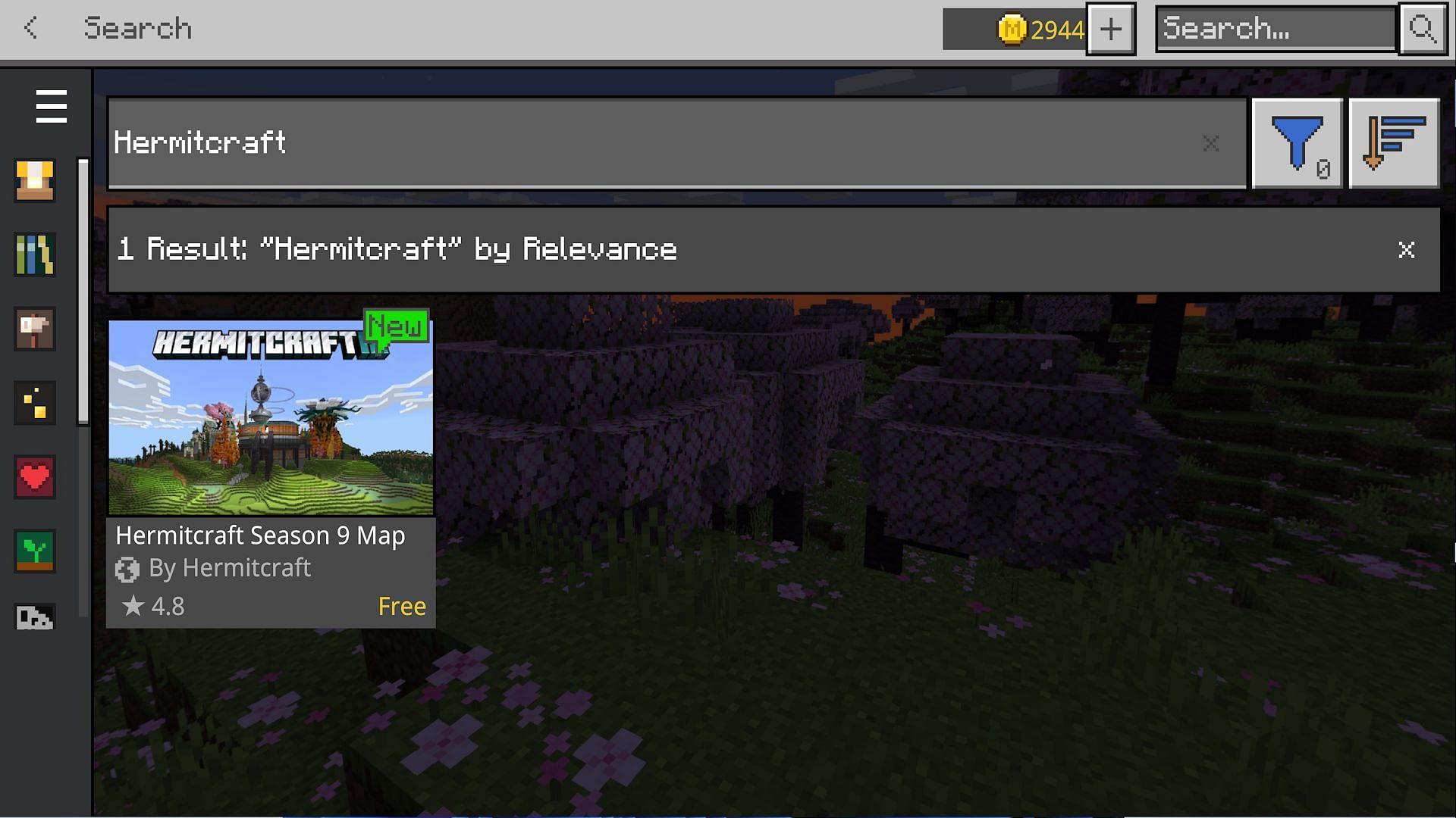 Searching for &quot;Hermitcraft&quot; should get a single result (Image via Mojang)