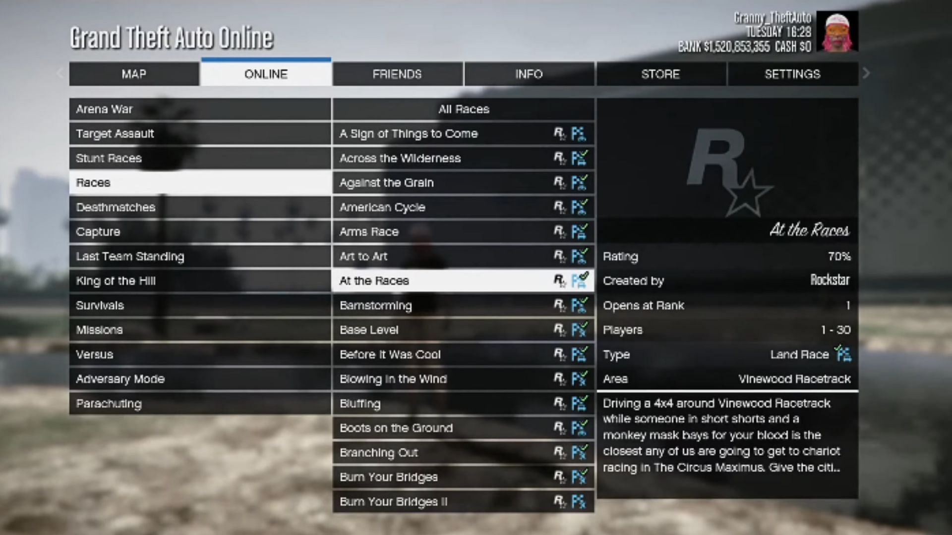 Rockstar Created Races playlist (Image via YouTube/Granny Theft Auto)