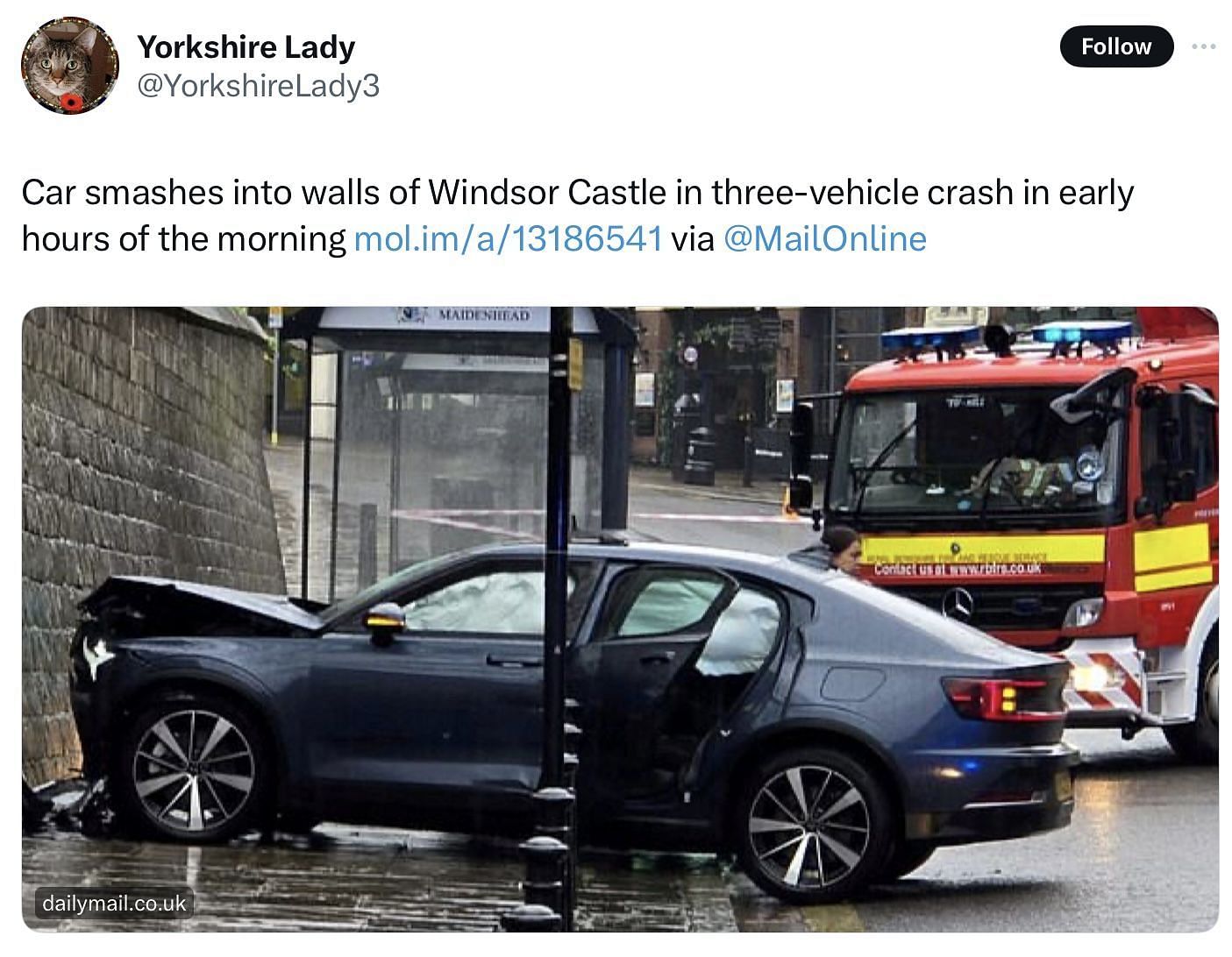 A Volvo crashed into Windsor Palace on Tuesday morning (Image via @YorkshireLady3/X)