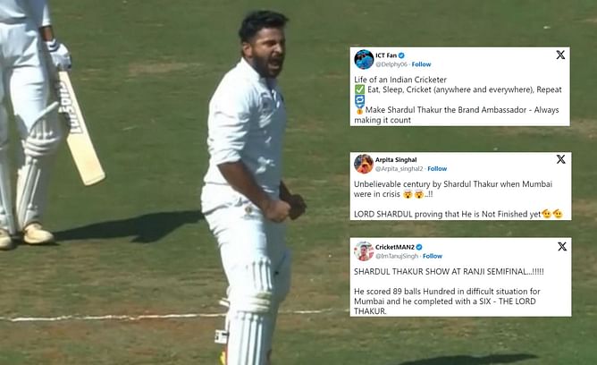 "LORD proving that he is not finished yet" - Fans react after Shardul Thakur's match-saving 109 in Ranji trophy 2024 semis against Tamil Nadu