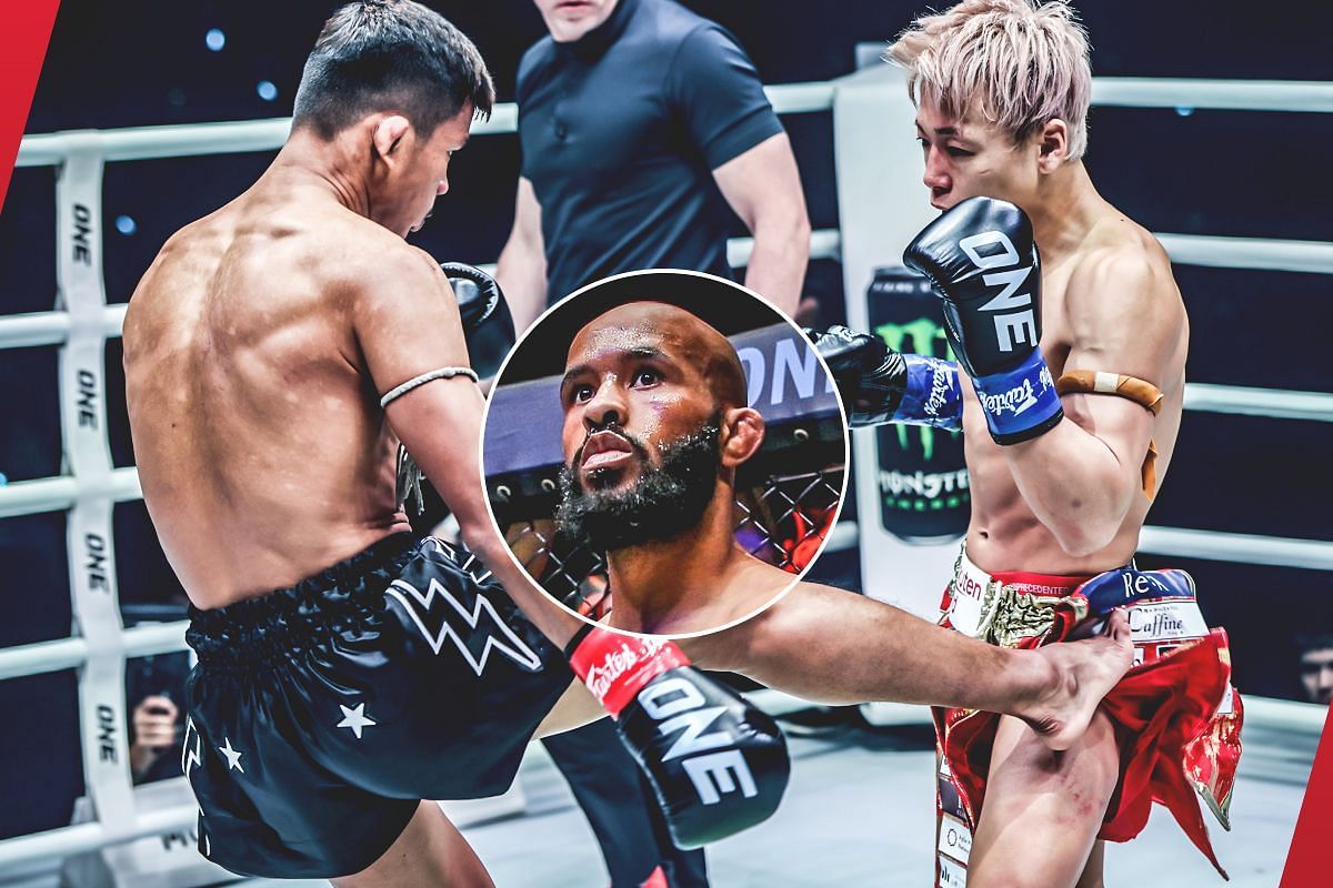 Takeru fighting Superlek (inset: Demetrious Johnson) [Photos via: ONE Championship]