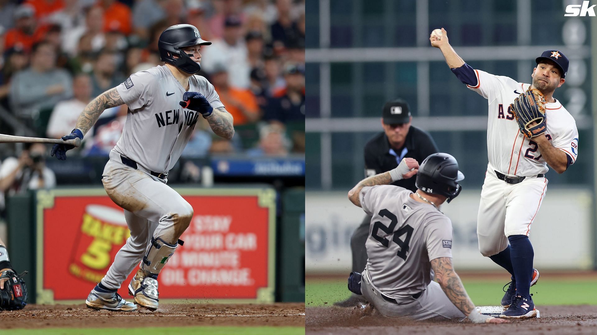 Alex Verdugo of the New York Yankees bats in the fourth inning against the Houston Astros during Opening Day at Minute Maid Park