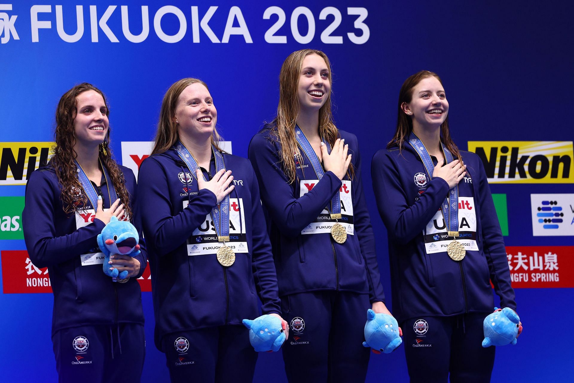 Gold medallists Regan Smith, Lilly King, Gretchen Walsh, and Kate Douglass of Team United States pose during the medal ceremony for the Women&#039;s 4 x 100m Medley Relay Final on day eight of the Fukuoka 2023 World Aquatics Championships at Marine Messe Fukuoka Hall A on July 30, 2023, in Fukuoka, Japan. (Photo by Clive Rose/Getty Images)