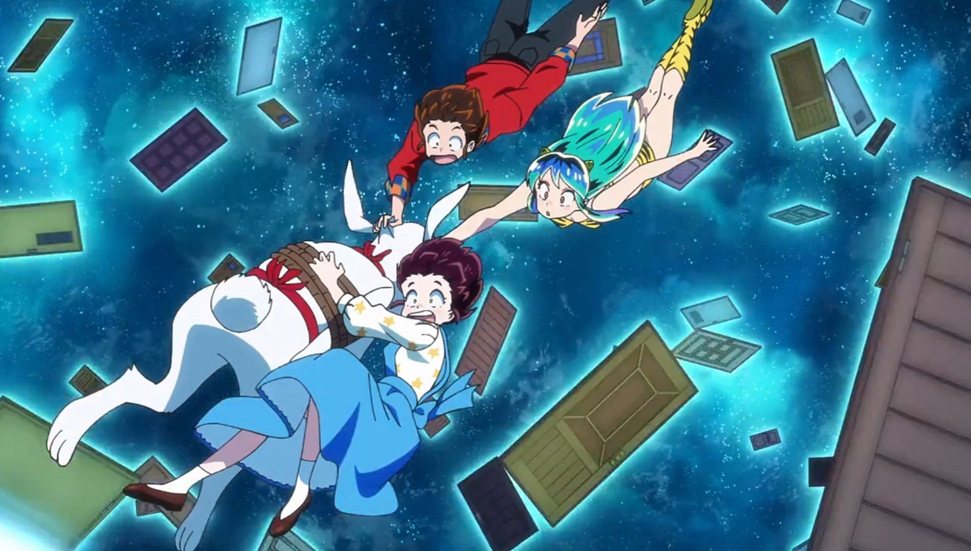 Shinobu, Lum, and Ataru traveling across the multiverse (Image via David Production)