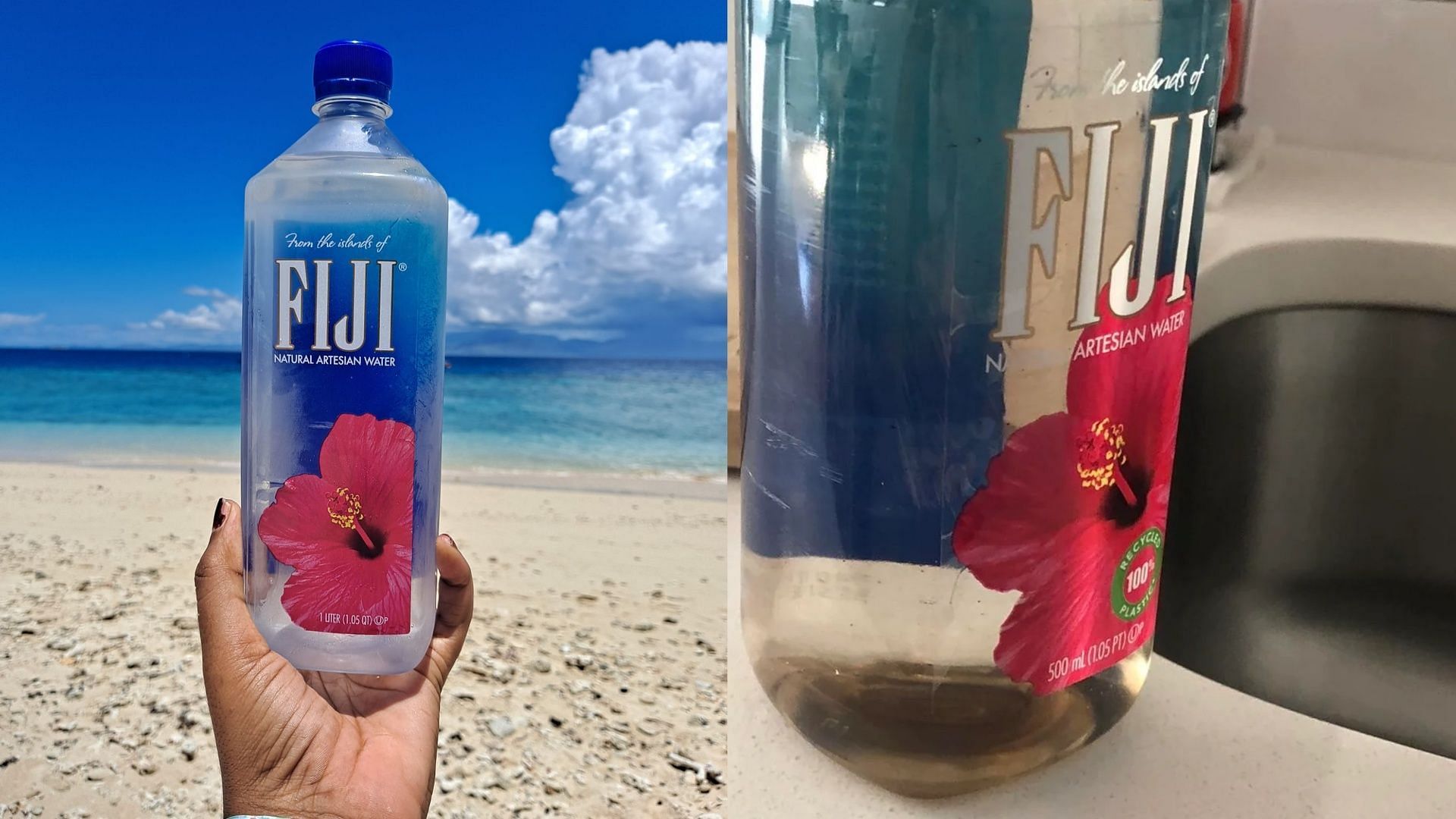 Fiji Water recall notice from Amazon sparks concerns. (Image via Facebook/Sarah Lobles, Reddit/@Teds_Frozen_Head)