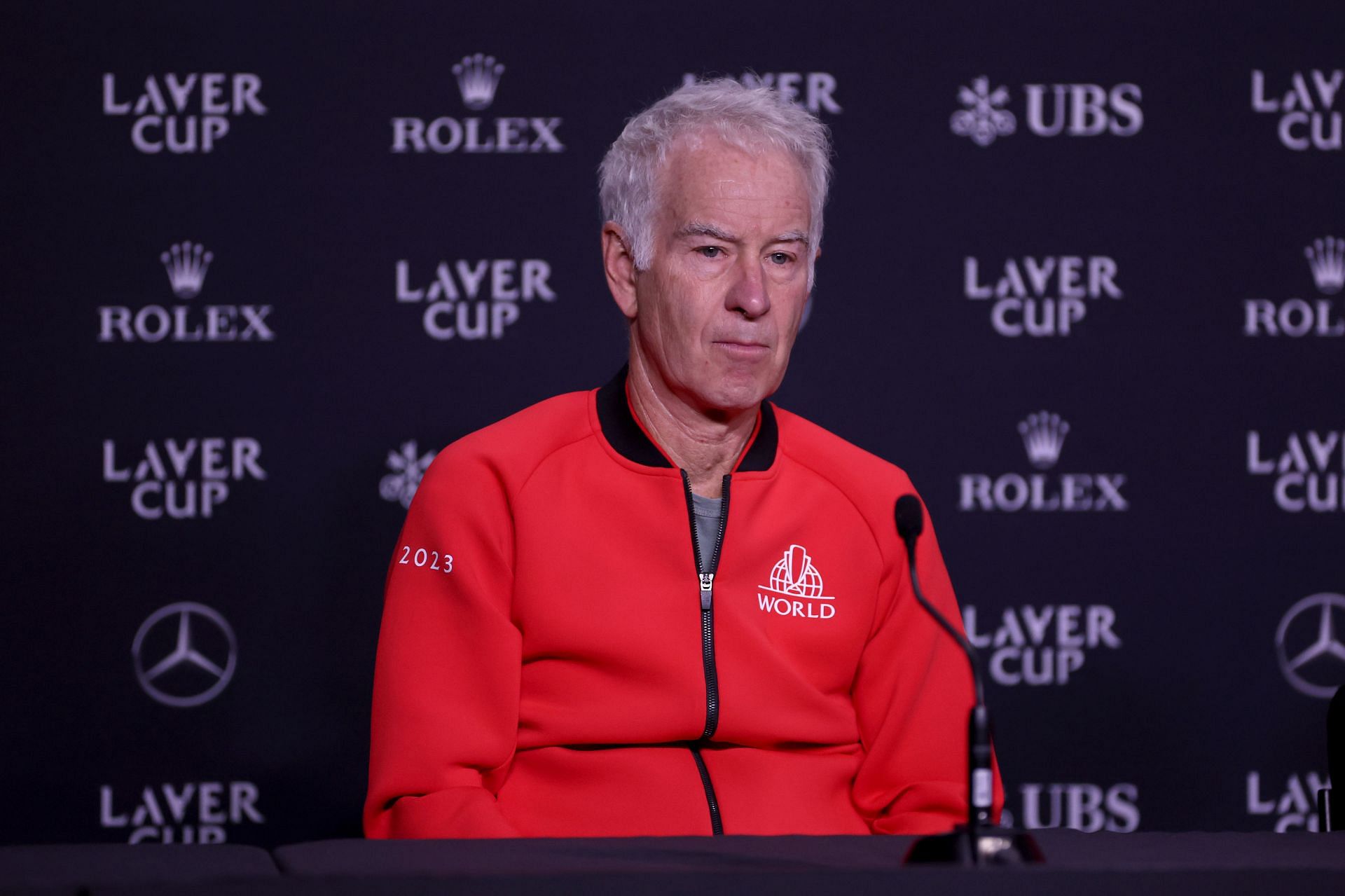 John Mc Enroe spreaking to the press at the 2023 Laver Cup