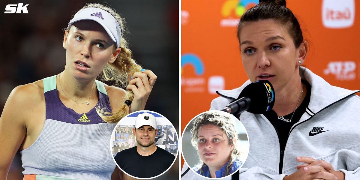 Caroline Wozniacki (L), Simona Halep, Andy Roddick (left inset), and Kim Clijsters (right inset)