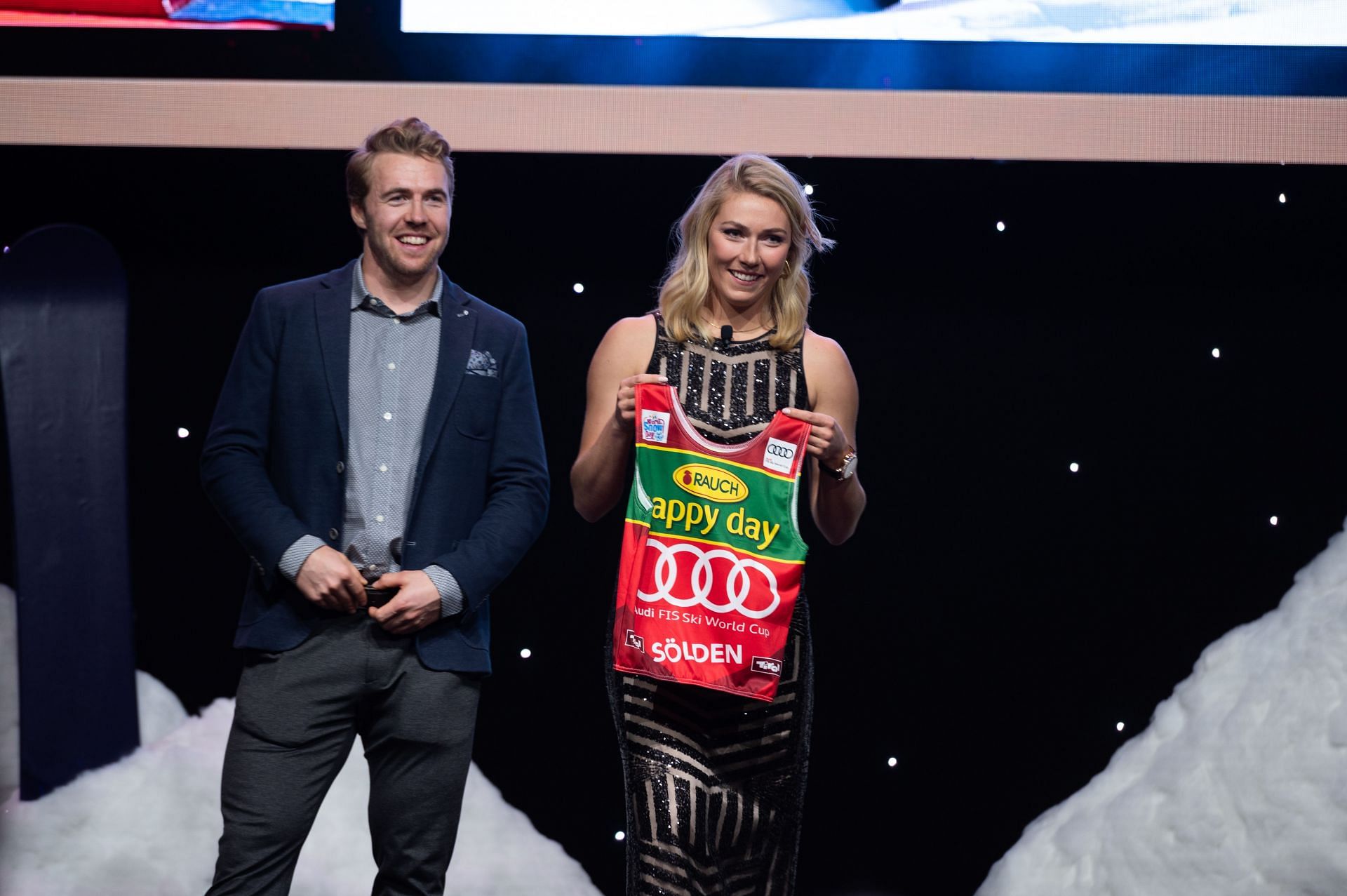 Aleksander Aamodt Kilde and Mikaela Shiffrin attend the Gold Medal Gala at The Ziegfeld Ballroom in New York City.