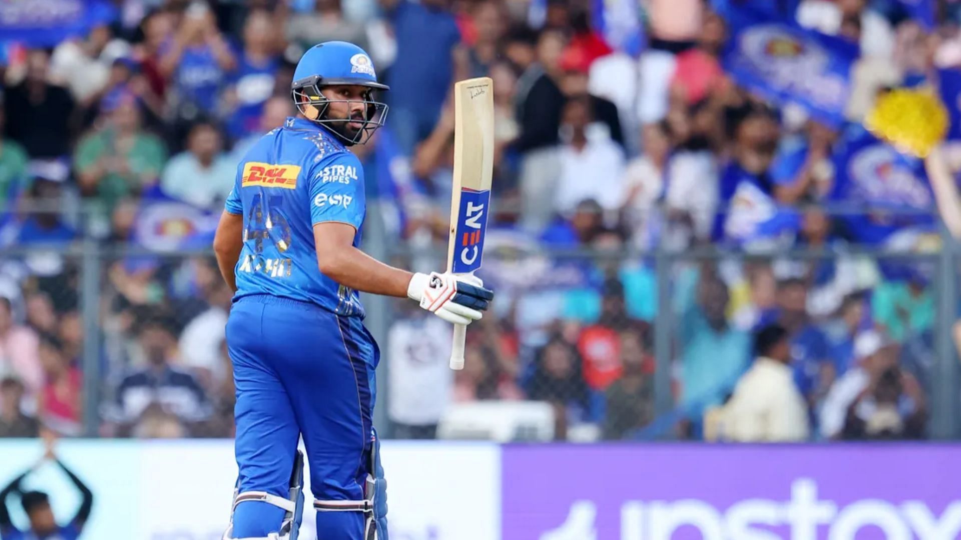 Rohit Sharma reacts after scoring a half-century against SRH in IPL 2023