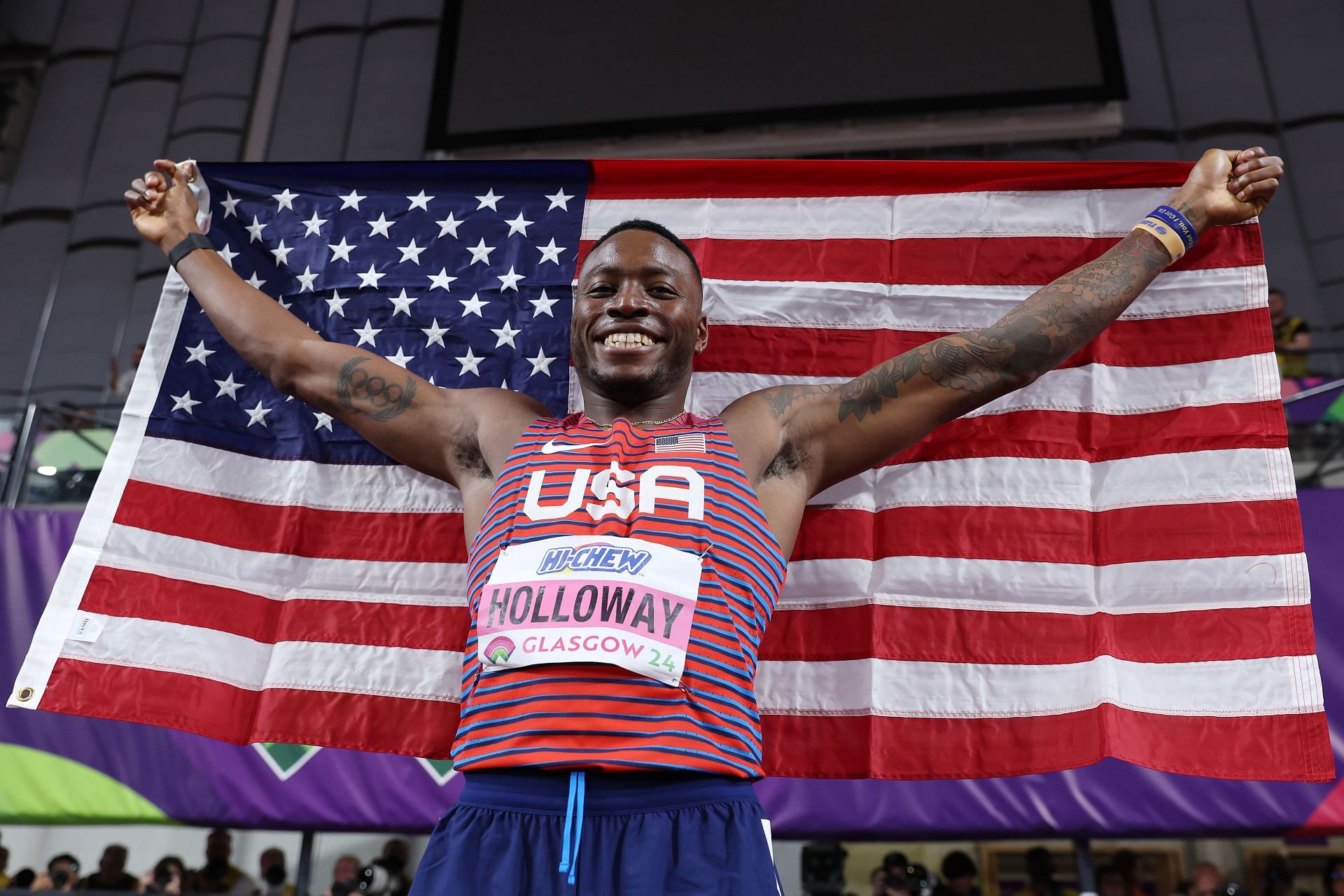 Grant Holloway of Team United States poses for a photo after winning the Men&#039;s 60-metre hurdles Final at the World Athletics Indoor Championships at Emirates Arena in Glasgow, Scotland.