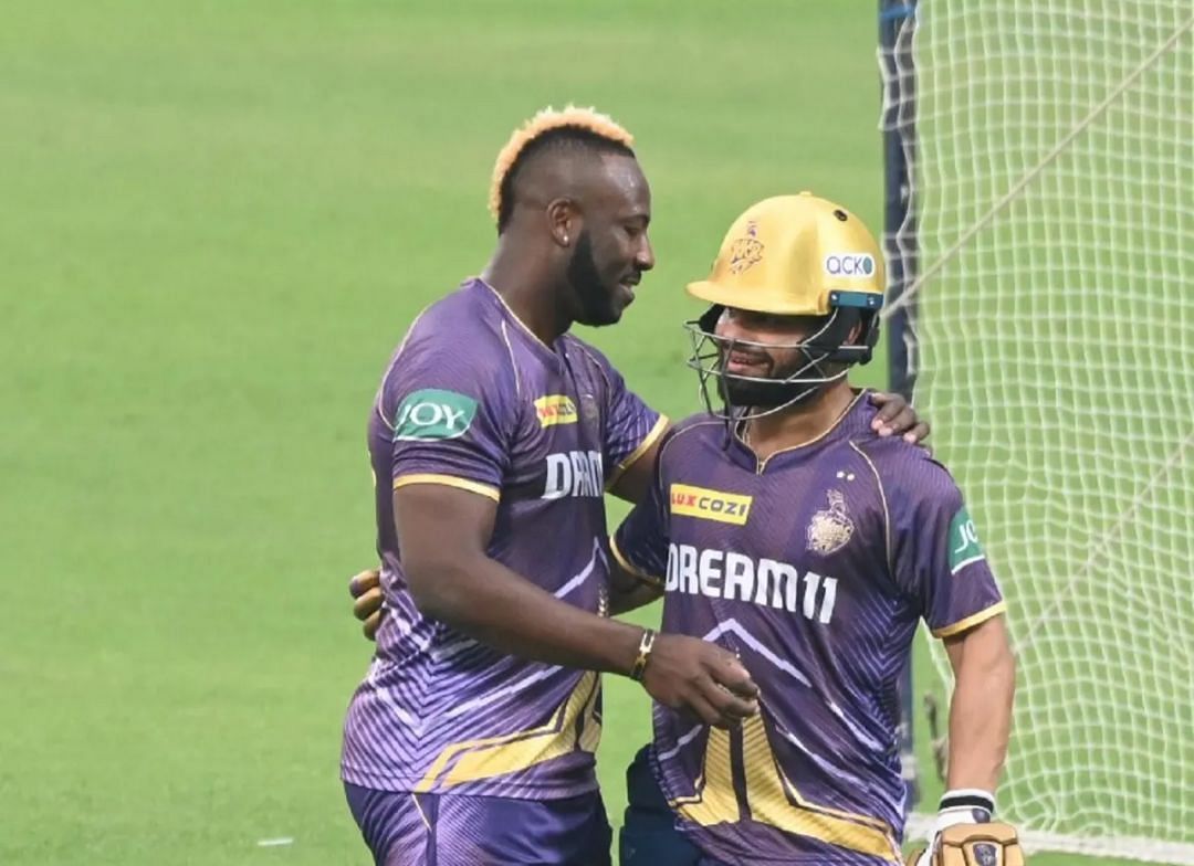 Andre Russell and Rinku Singh at the training session