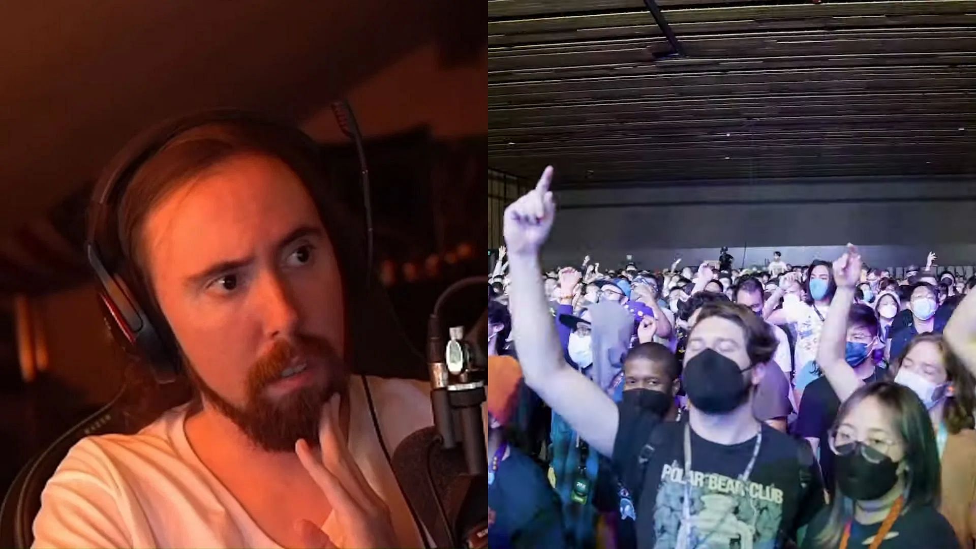 Asmongold talks about people wearing masks in public at PAX East (Image via Asmongold/Twitch, PAX/YouTube)