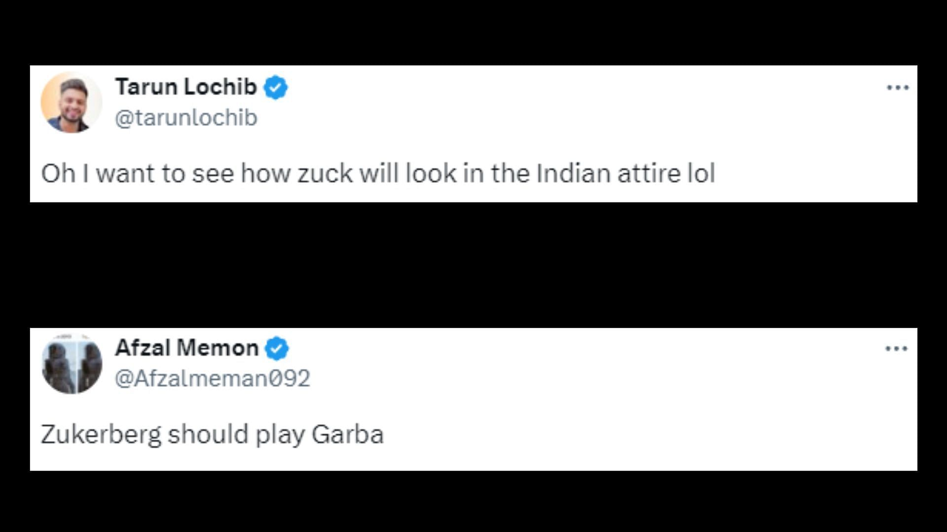 Netizens react to Zuckerberg&#039;s arrival at the party (Images via X/tarunlochib and Afzalmeman092)