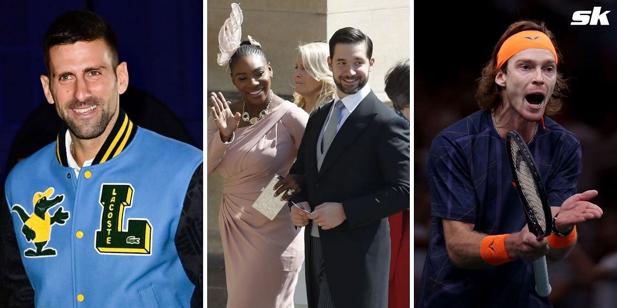 Novak Djokovic (Left), Serena Williams and husband Alexis Ohanian (Center), Andrey Rublev (Right)