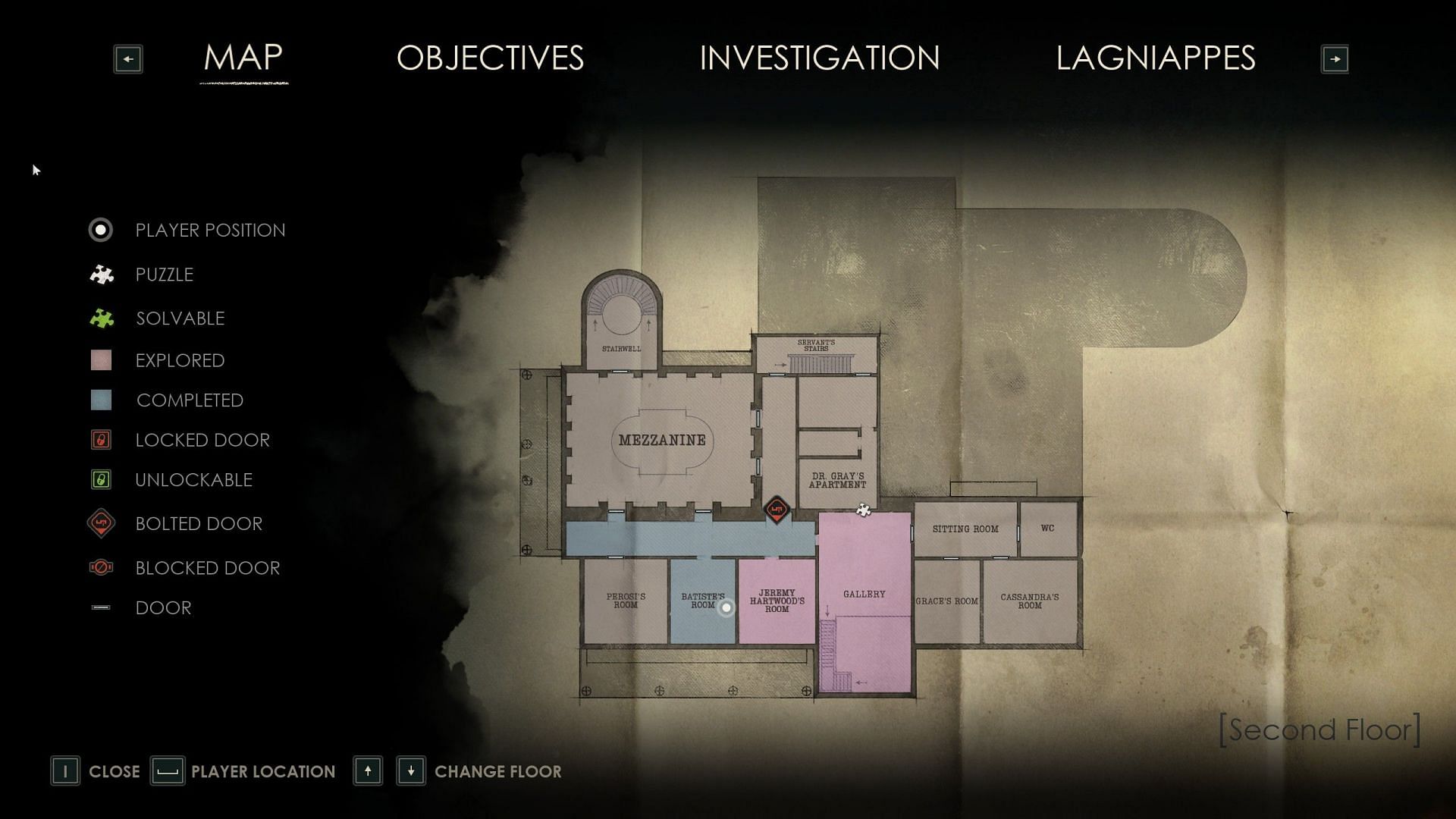 As players explore the manor, the map will be updated with icons indicating progression on Modern accessibility (Image via THQ Nordic)
