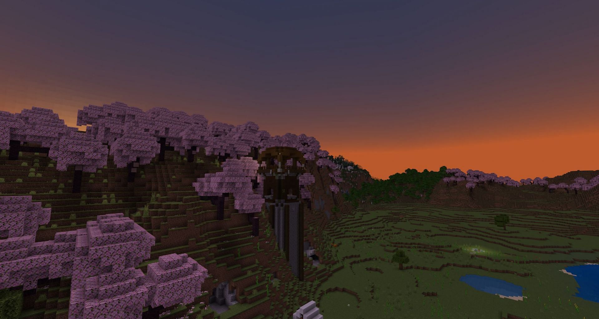 The pillager outpost near spawn has quite the view (Image via Mojang)