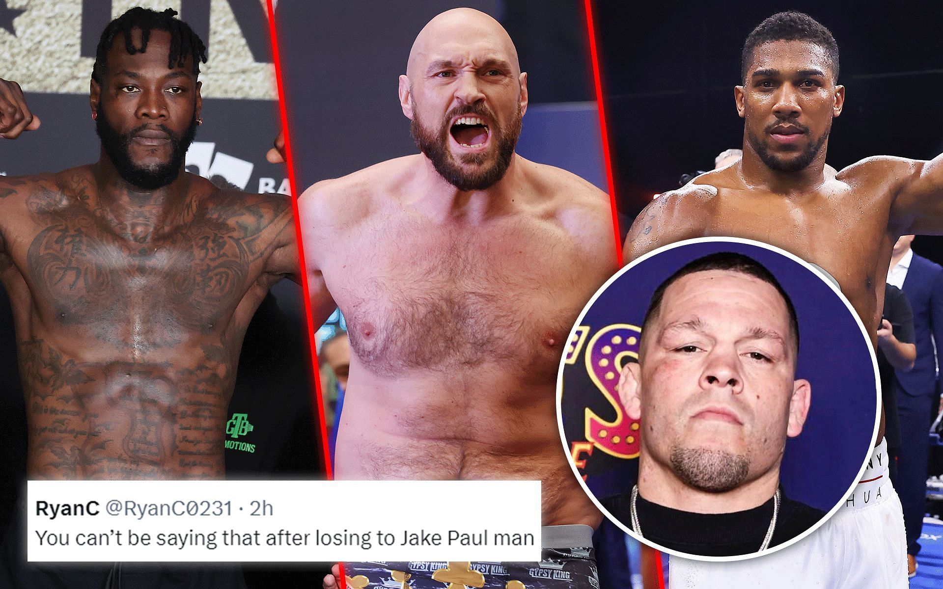 Fans react as Nate Diaz takes aim at Deontay Wilder (left), Anthony Joshua (center) and Tyson Fury (right) [Image via: @natediaz209 on Instagram and Getty]