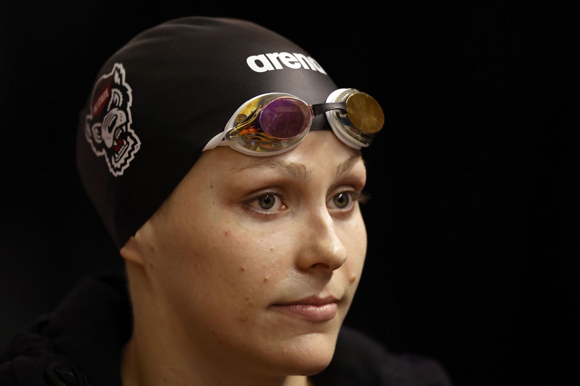 Katharine Berkoff prepares for the Women&#039;s 100 Meter Backstroke finals at the TYR Pro Swim Series Knoxville at Allan Jones Intercollegiate Aquatic Center in Knoxville, Tennessee