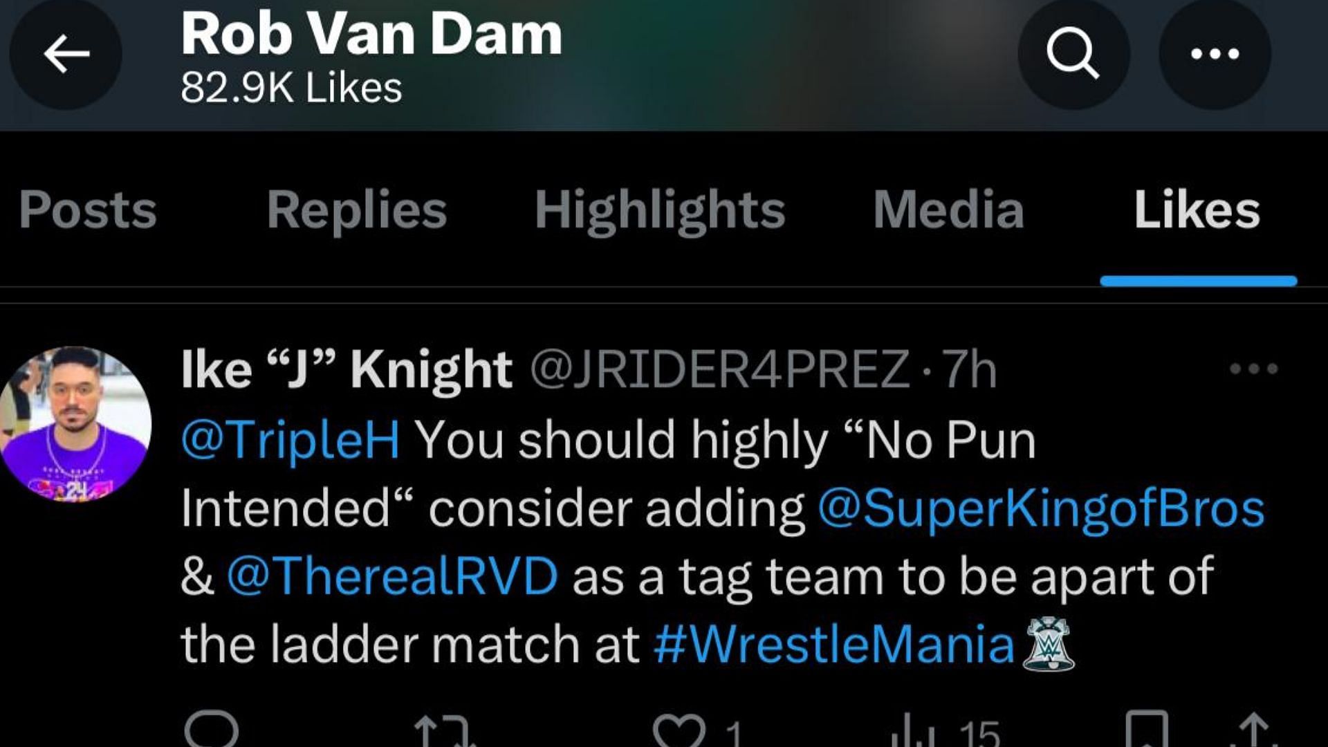 Rob Van Dam liked a fan tweet about a potential WrestleMania 40 appearance