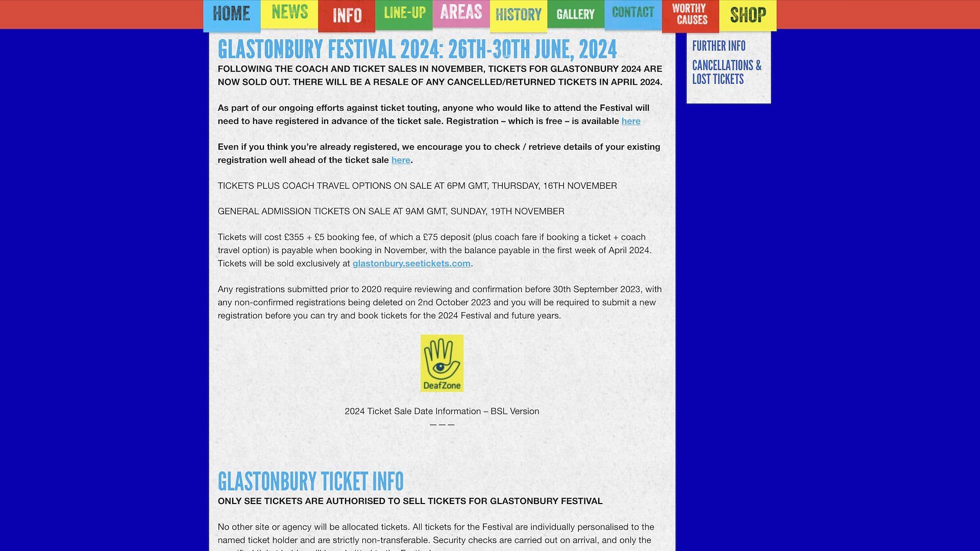 A screenshot for Glastonbury 2024&#039;s ticket information taken from their website (Image via www.glastonburyfestivals.co.uk)