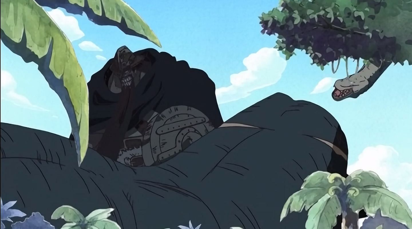 Dorry cuts the dinosaur&#039;s head to save Luffy in the Little Garden arc (Image via Toei Animation)