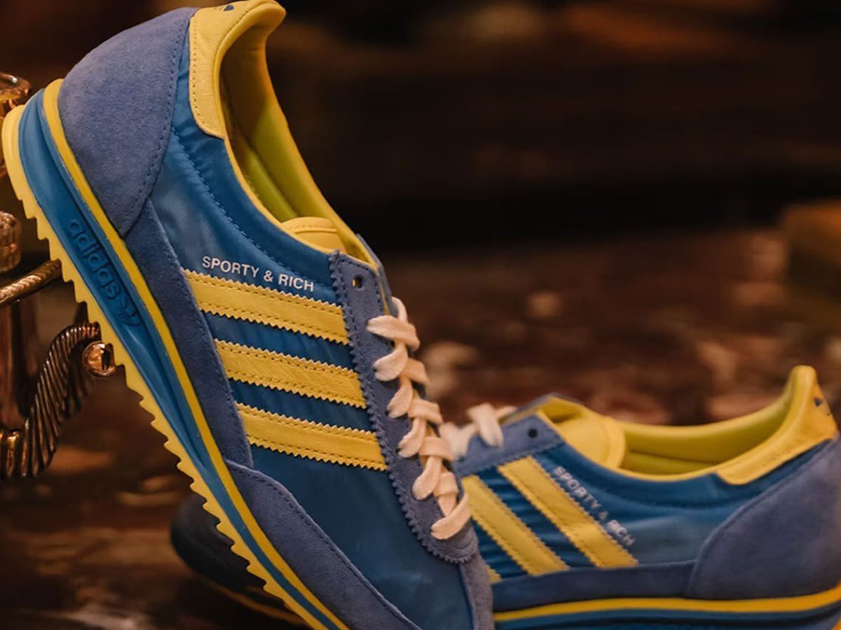 Sporty &amp; Rich x Adidas SL72 &ldquo;Blue/Yellow&rdquo; sneakers (Image via Instagram/@emilyoberg)