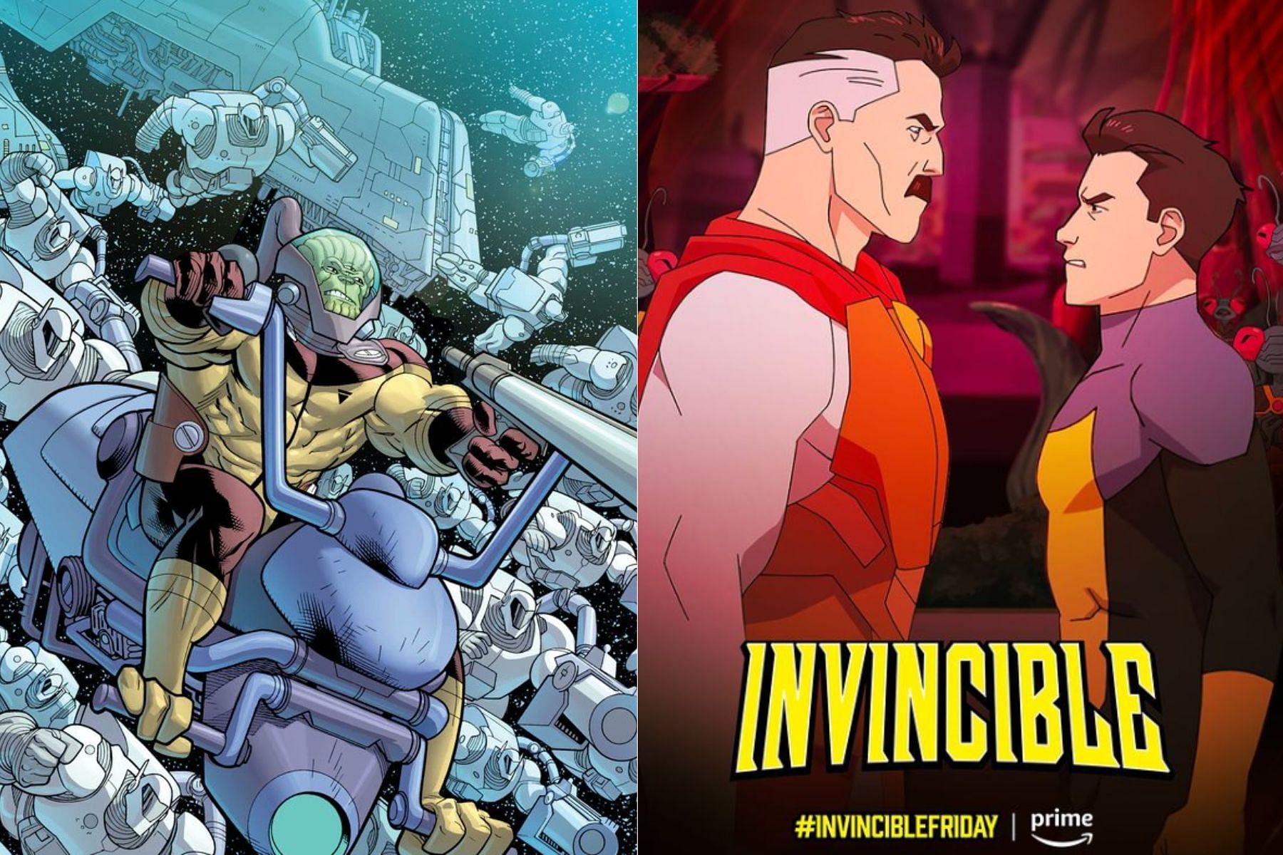 Spaceracer and Official poster of Invincible (Images via Left: Twitter@MrPenguin2002 and Right: Instagram @invincible.hq)