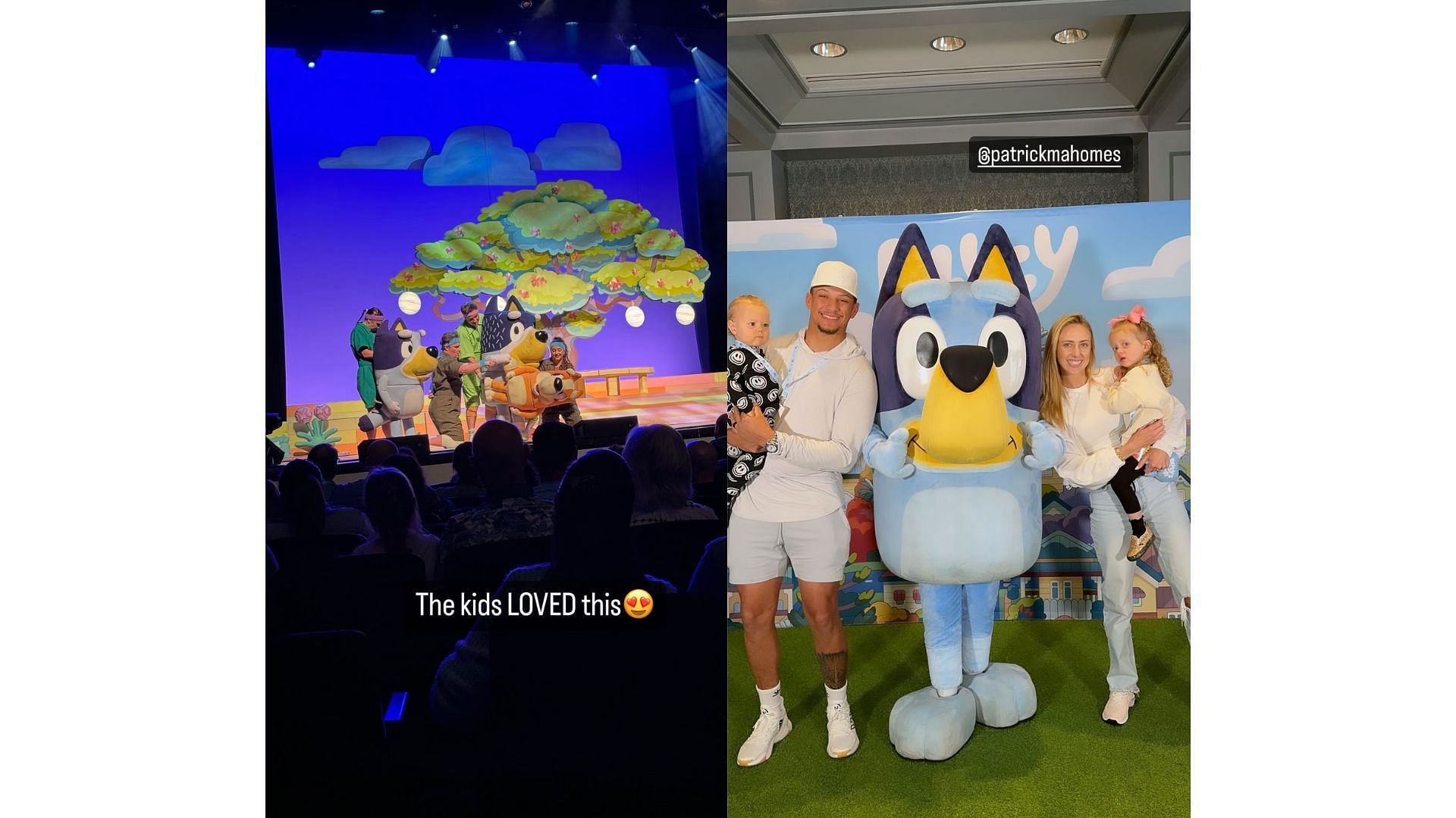 Patrick, Brittany Mahomes and children (Sterling and Bronze) pose with Bluey (Image credit: @brittanylynne IG)