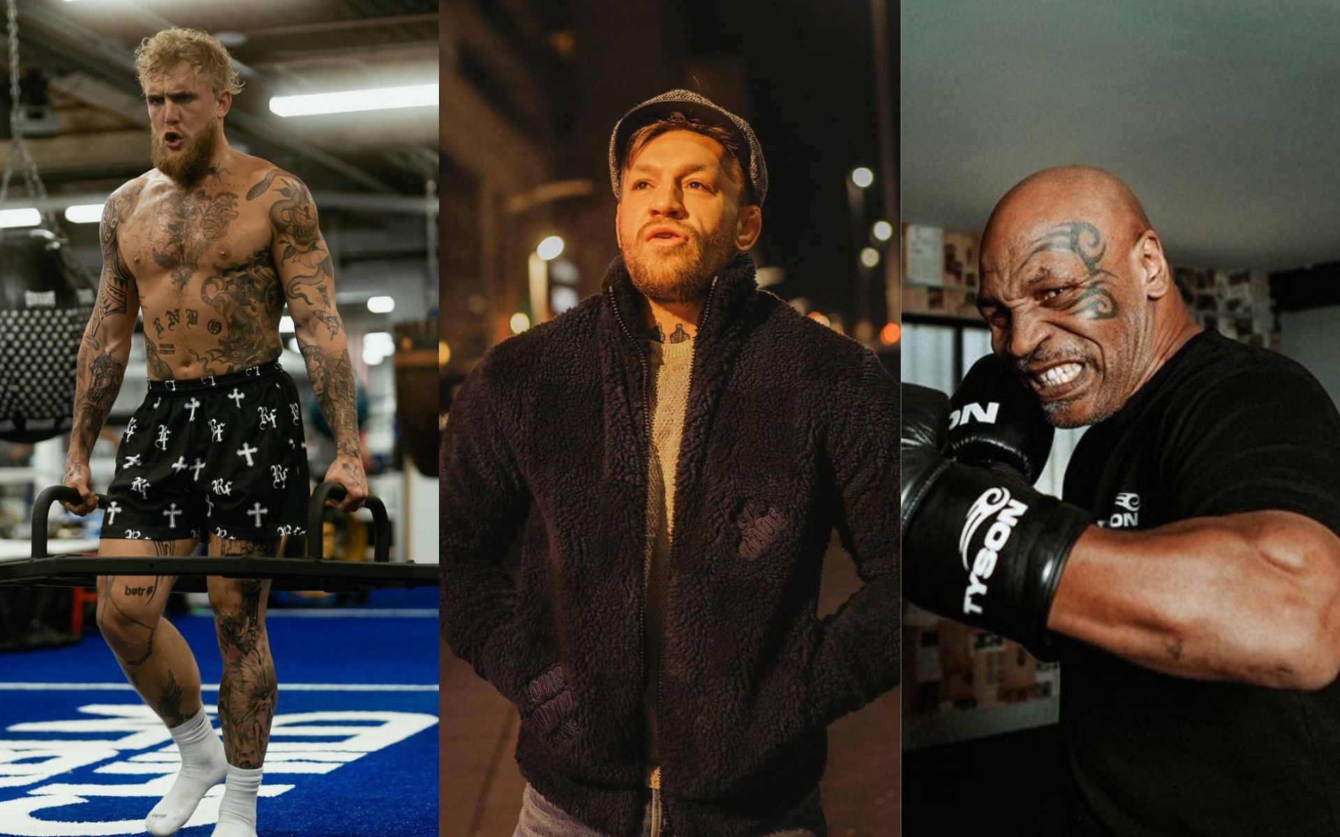 Conor McGregor (center) gives his thoughts on the upcoming Jake Paul (left) vs. Mike Tyson (right) fight [Photo Courtesy of @thenotoriousmma, @jakepaul and @miketyson on Instagram]