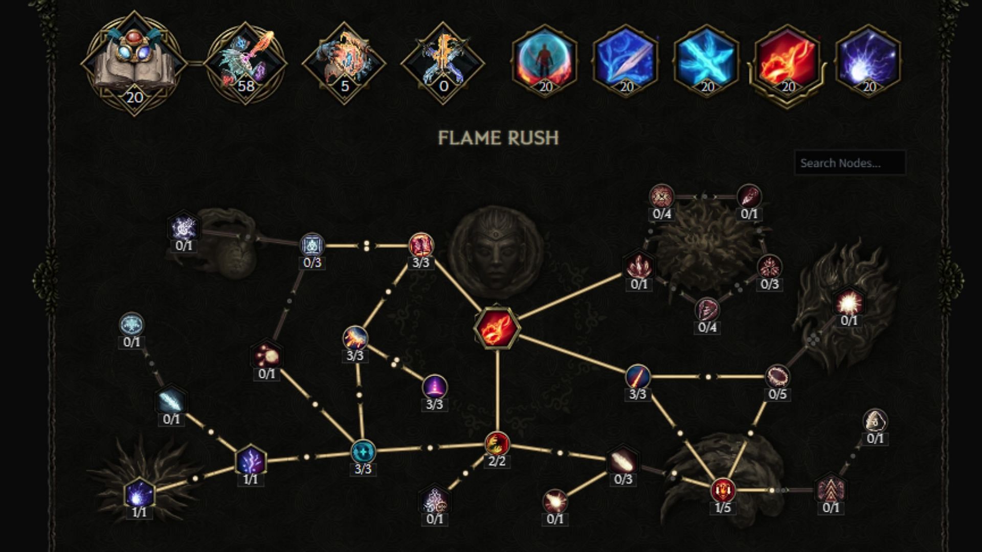 Skill tree for Flame Rush (Image via maxroll/Eleventh Hour Games)