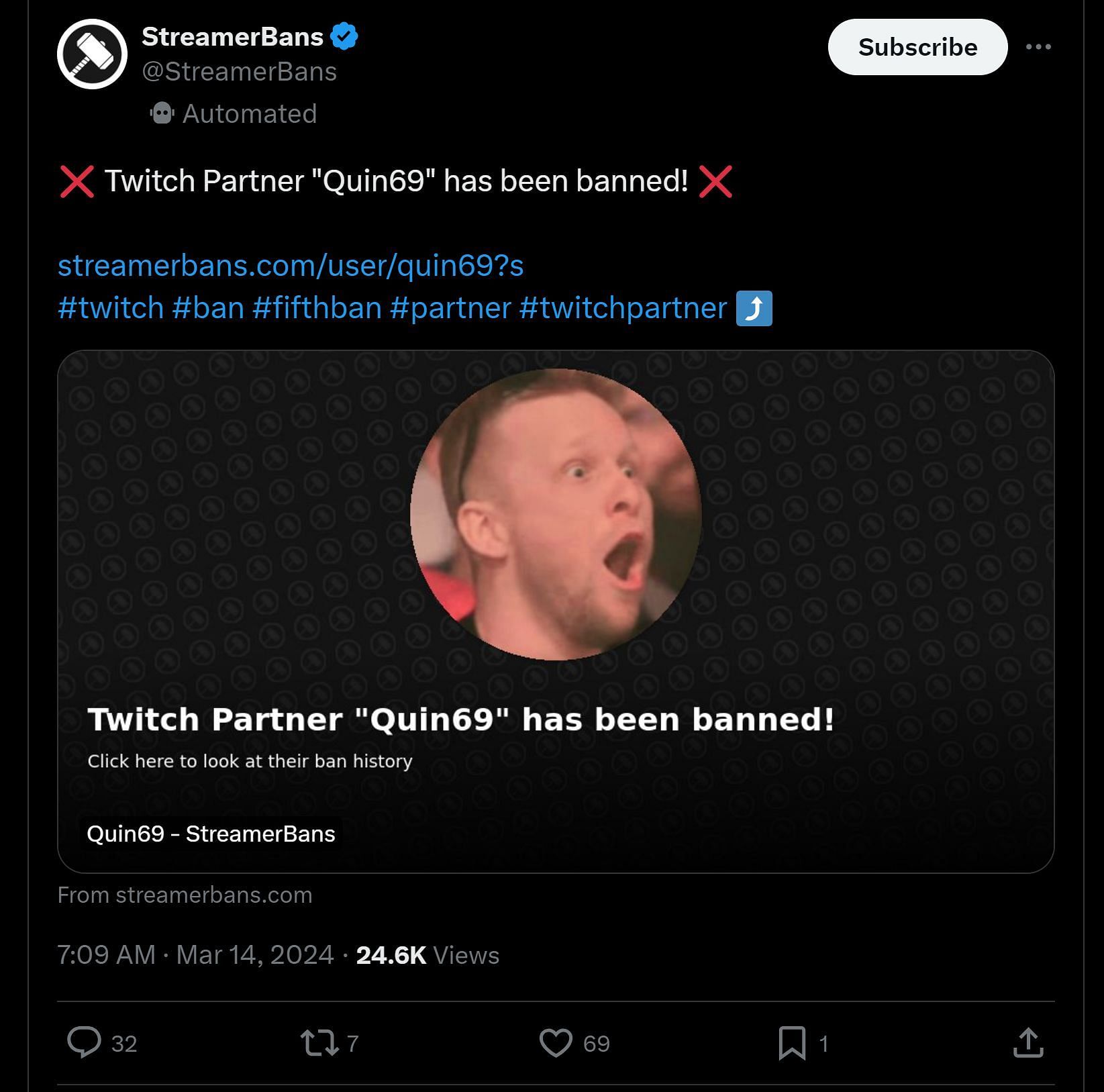 X user @StreamerBans tweet dated March 14, 2024, announcing the Kiwi content creator&#039;s fifth ban (Image via X)