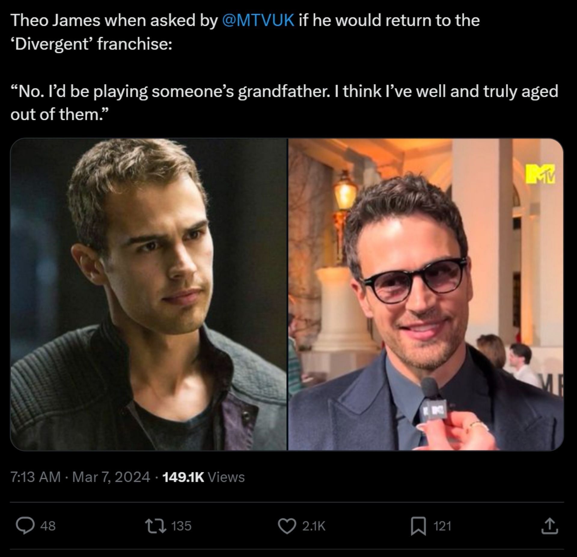Theo James is no longer interested in reprising his &#039;Divergent&#039; role (Image via X/@PopCrave)