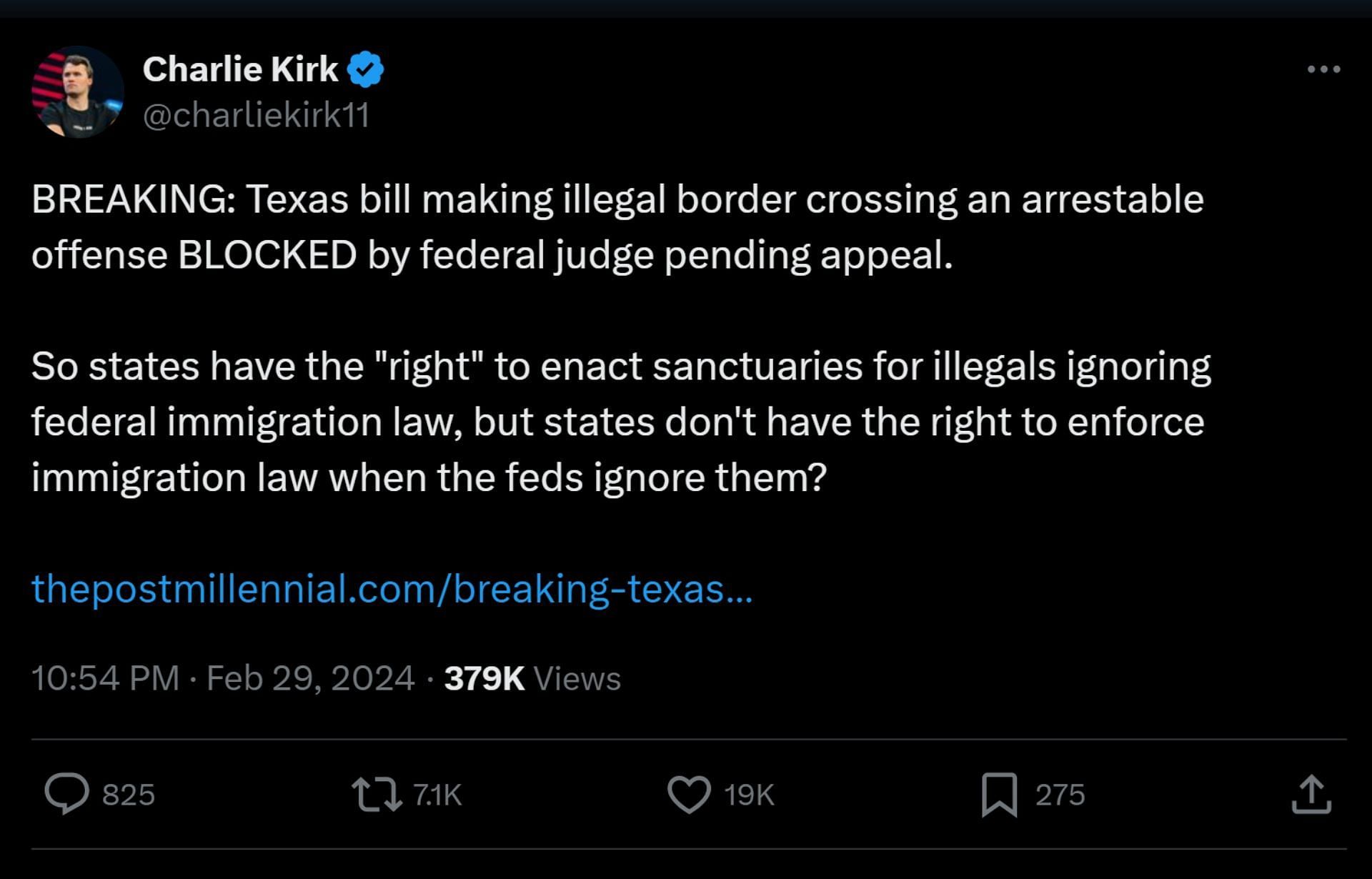 Turning Point USA founder Charlie Kirk&#039;s tweet of the news (Image via X)