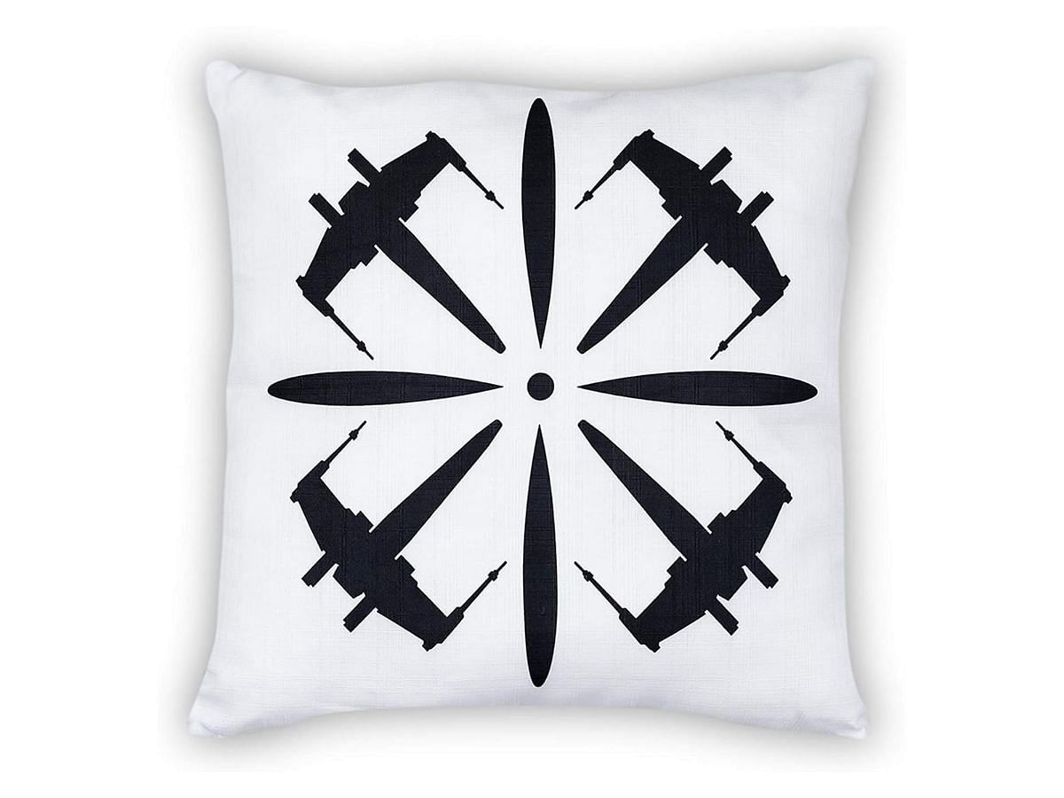 Star Wars home decor: White Throw Pillow | Black X-Wing Fighter Design (Image via Amazon)