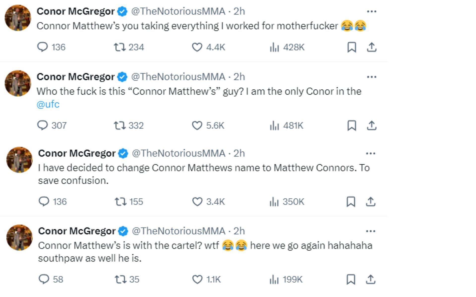 Screenshots of Conor McGregor&#039;s tweets about Connor Matthews on X