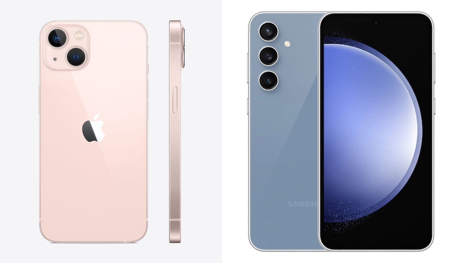 Side-by-side hardware comparison of iPhone 13 and S23 FE. (Image via Apple || Samsung)
