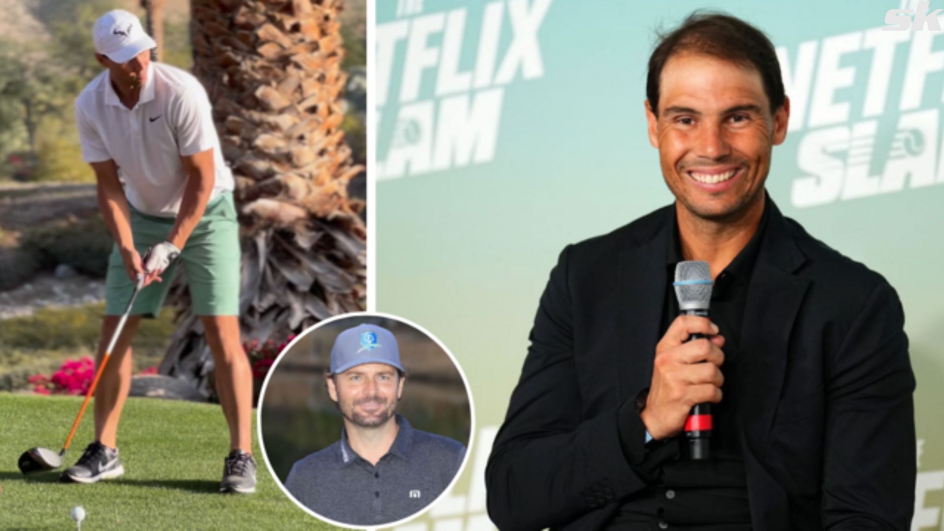 Former tennis pro Mardy Fish reacts to Rafael Nadal on the golf course