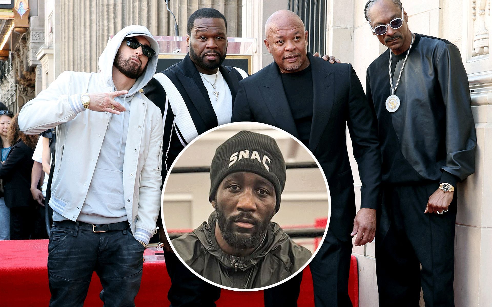 Terence Crawford (inset) accompanied world-renowned musicians Eminem (left), 50 Cent (second from left), Dr. Dre (second from right), and Snoop Dogg (right) to the Hollywood Walk of Fame ceremony [Images courtesy: @tbudcrawford and Getty Images]