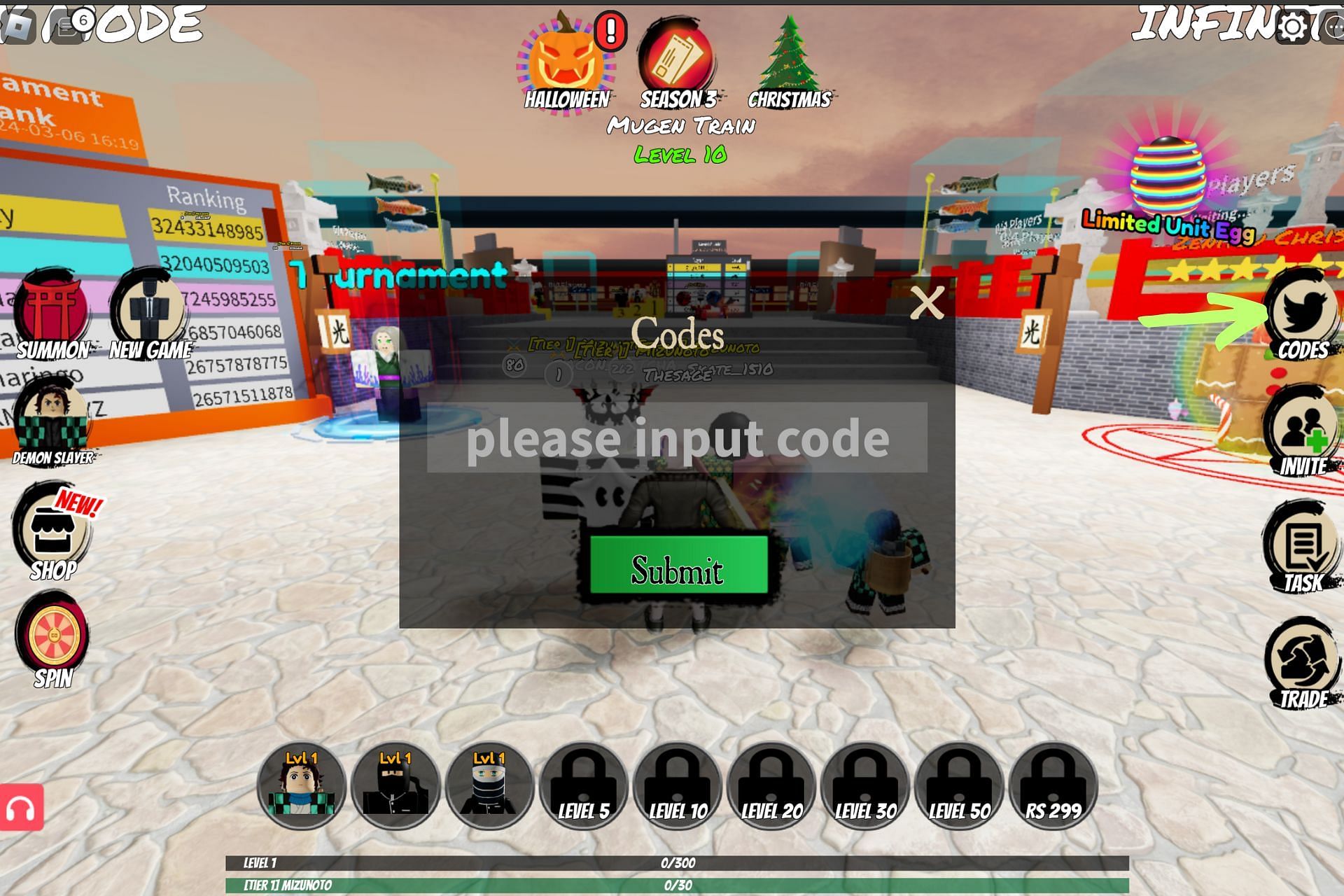 Codes tab in the game (Image via Roblox)