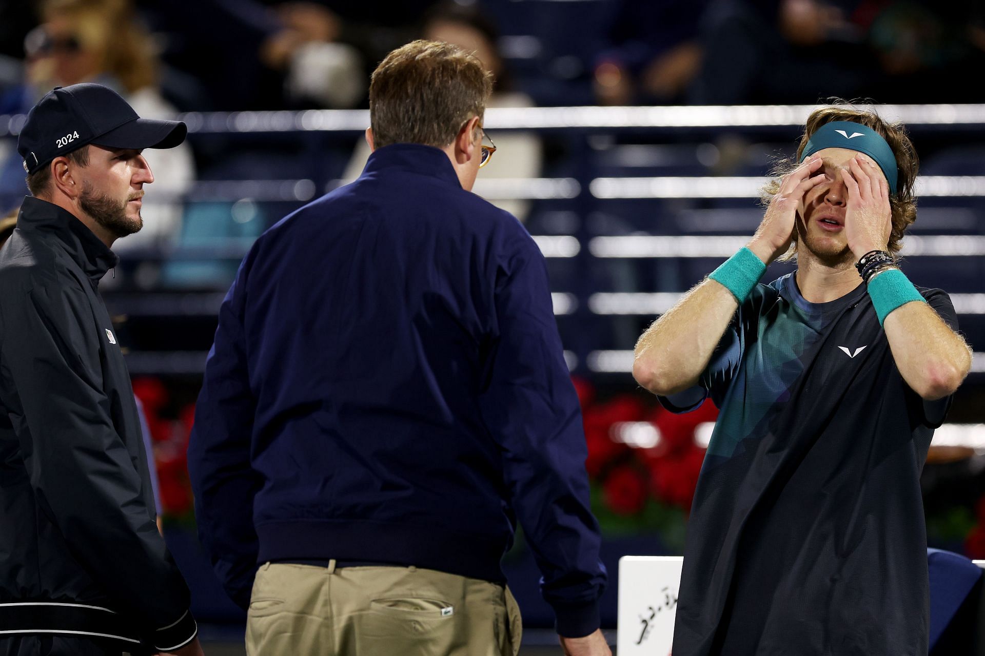 Andrey Rublev in disbelief over the supervisor and linesman&#039;s take on his outburst.