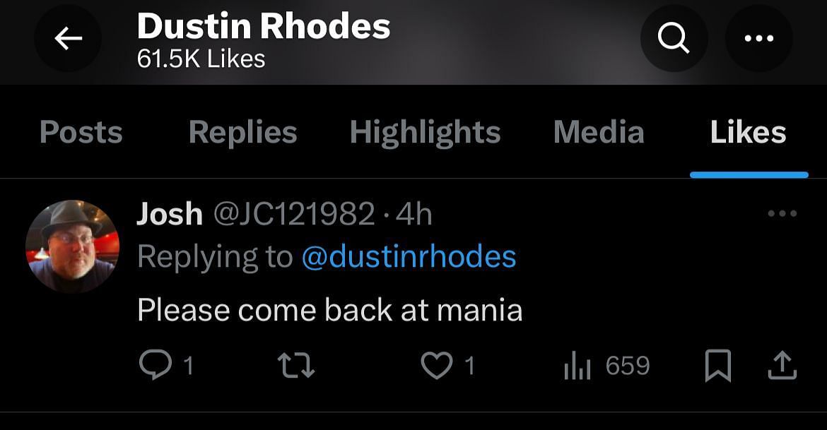 Screengrab of Dustin Rhodes liking the fan&#039;s tweet